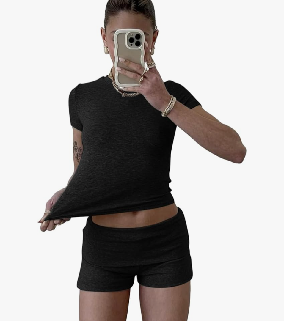 ZFLM Casual Workout Two Piece Outfits for Women Short Sleeve Crop High Waist Foldover Shorts Tracksuit Sets Streetwear Size S