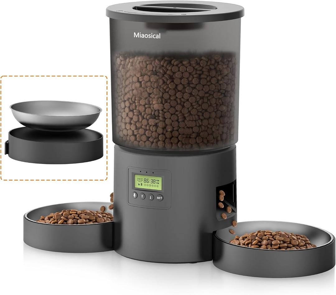Automatic Cat Feeder 2 Cats, 4.2L Dry Food Auto Dispenser with Double Bowls,Dual Power Supply,Programmable Portion Control,10s Voice Recorder(Black,Stainless Steel Bowls) (Transparent+Black)