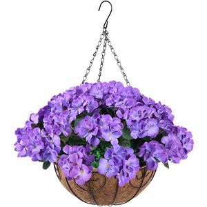 Artificial Flowers Hanging Basket with Begonia Silk Flowers for Outdoor/Indoor, Artificial Geranium Flowers in 12'' Basket for Patio Lawn Garden Summer Decoration(Blue)