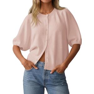 Saodimallsu Womens Puff Half Sleeve Cardigan Lightweight Knit 2026 Spring Summer Crew Neck Button Down Sweater Tops (Pink, Large)