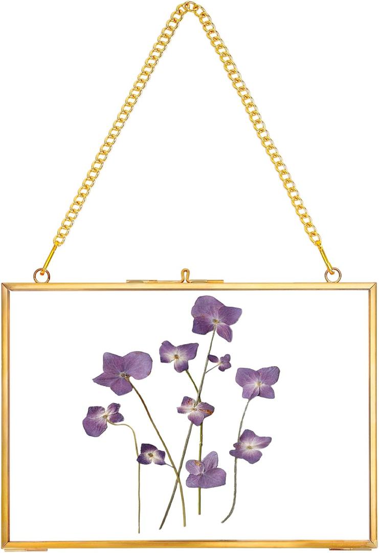 Hanging Pressed Flower Frame Handmade, Double Glass Picture Frame Floater frame Floating Frame for Pressed Flowers Home Wall Artwork, Rectangle Horizontal 57 inches, Gold (FRAME ONLY) (7L" x 5W")