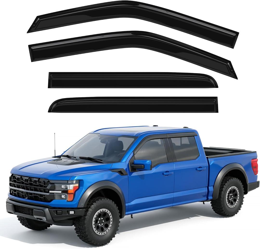 4PCS Window Rain Guards Compatible with Ford F-150 2015-2026 SuperCrew, Outside Tape-On Mount Vent Deflectors Visors Accessories (Fit for F150 Super Crew 2015-2026)