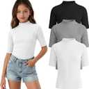 3 Pack Girls' Shirts Teen Summer Tops Mock Turtleneck Slim Fit Ribbed Half Sleeve Fashion Tees Kids Clothes Trendy 9-10Y