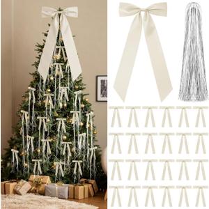 Shihanee Beige Christmas Bows Decor Set 1 Large Neutral Satin Christmas Tree Topper 24 Velvet Ribbon Bows with 3000 Strands Silver Tinsel Icicles Vintage Xmas Ornament for Holiday Wreath Gift Wrapping