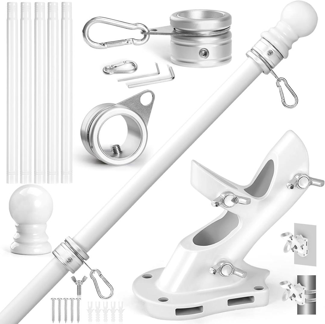 Anovo Flag Pole Kit Upgraded Holder, Stainless Steel 6 FT Flag Poles with1 Inch Metal 360° Rotating Flag Pole Rings TwoPosition Flag Pole Bracket Mounting for Outside House Porch(6 FT  White)