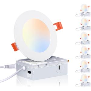 CLOUDY BAY 6 Pack 4 Inch 5CCT Ultra-Thin LED Recessed Ceiling Light with Junction Box,2700K/3000K/3500K/4000K/5000K Selectable,10W Dimmable Canless Wafer Downlight,White,650LM High Brightness