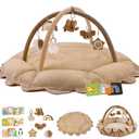 5-in-1 Baby Activity Gym & Play Mat with 6 Hanging Toys, Tummy Time Mat & Cards - Extra Large, Reversible Machine Washable Pad - Gift for Newborns, Infants 0-12 Months, Brown