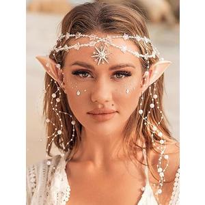 Aukmla Star Boho Head Chain with Fairy Elf Ear Pearl Tassel Headpiece Hair Chains Jewelry Halloween Costume Festival Headband Hair Accessories for Women and Girls