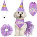 Dog Birthday Bandana with Hat and Dress Girl Set Puppy Birthday Party Supplies Cute Tutu Skirt Outfit for Small Medium Large Dogs Decorations(Purple)