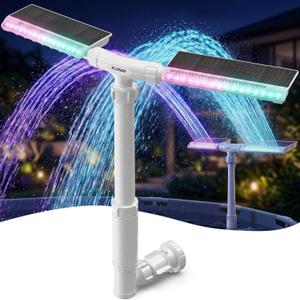 Solar Pool Fountain with Lights, Dual-Head Adjustable Spray & Timer, Remote Control, Auto Dusk Sensor, 10-Color LED Modes & 15°F Cooling Spray for Above & Inground Pools