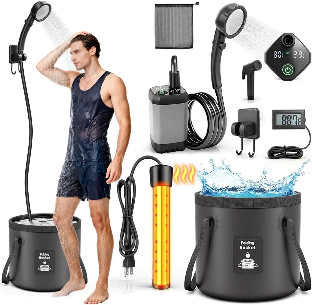 Portable Shower with Heater 1500W Camping Water Heater with Shower Head 3 Spray Modes, 6000mAh Rechargeable Shower Pump with LED Display Foldable Bucket Outdoor Showering for Hiking RV Car Travel Pet