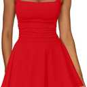 Kaximil Women's Square Neck Ruffle Hem Mini Dress Ruched Waist Short Party Dresses (Medium, Red)