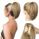 Ponytail Extension, 10" Short Claw Clip in Ponytail Hair Extensions Messy Bun Hair Piece Natural Soft Synthetic Straight Pony Tail Hair Pieces for Women - Dark Golden Blonde with Highlights