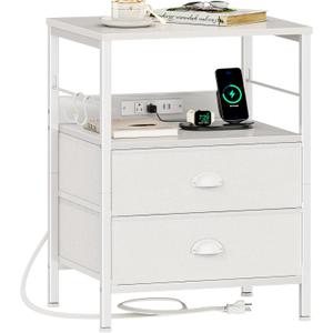 Furologee Night Stand with Charging Station, Bedside Table with Fabric Drawers, End Table with USB Ports & Outlets, White Nightstand with Storage Shelf & Hooks, for Living Room/Bedroom, White (1 pc(15.75"D x 18.9"W x 24.6"H))