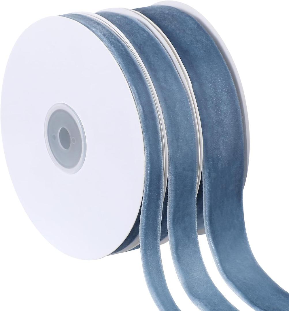 Jutom 3 Rolls Christmas Vintage Velvet Ribbon Vintage Solid Color Velvet Ribbon for Christmas Wedding Wrapping DIY Crafts Decoration Favors, Total 30 Yards(Gray Blue)
