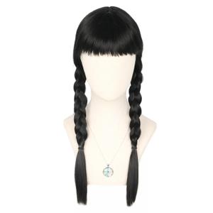 Topcosplay Kids Girls Wednesday Wig Black Long Straight With 2 Braids Halloween Costume Wigs