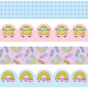 AmazingSpark 4 Rolls 118 ft School Bus Bulletin Board Borders Rainbow Crayon Bulletin Board Borders Pencil Grid Pattern Classroom Border Trims for Back to School Office Chalkboard Wall Decor