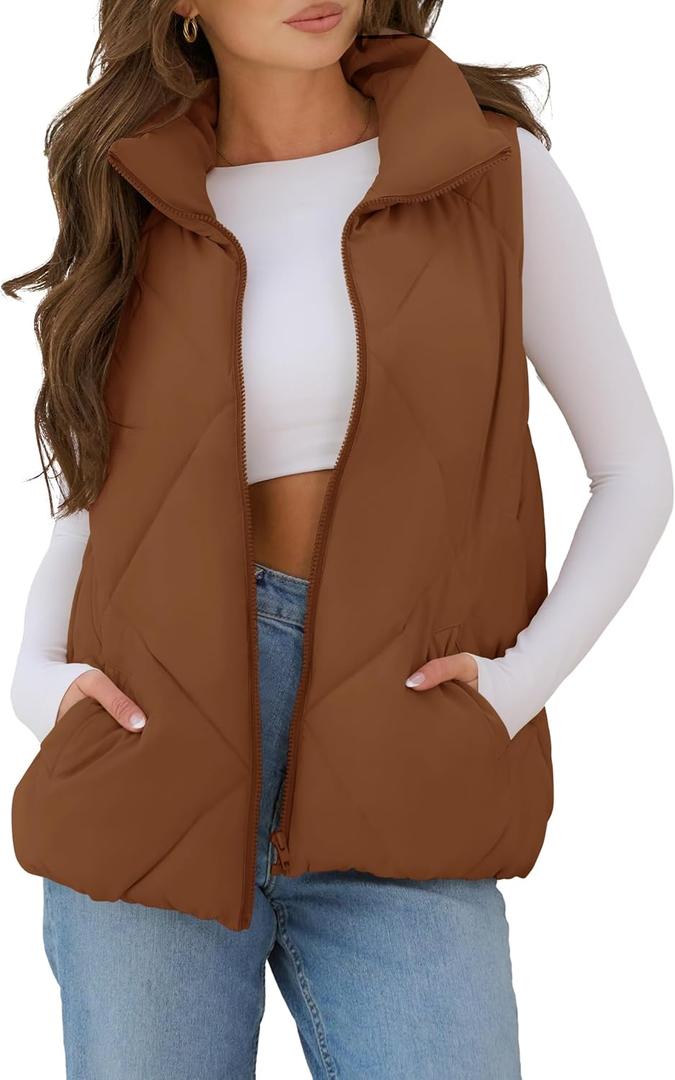 MEROKEETY Womens 2025 Puffer Vest Sleeveless Zip Up Quilted Coat Stand Collar Gilet Jacket With Pockets (Brown, L)