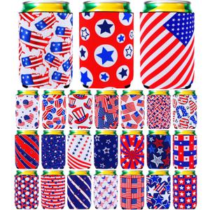 Tioncy 24 Pcs 4th of July Slim Can Sleeves Independence Day Can Cooler Patriotic Skinny Insulators American Flag Neoprene Insulated Slim Cooler for 12 oz Beverage Bottle(Flag Style,5.12 x 3.94 Inches)