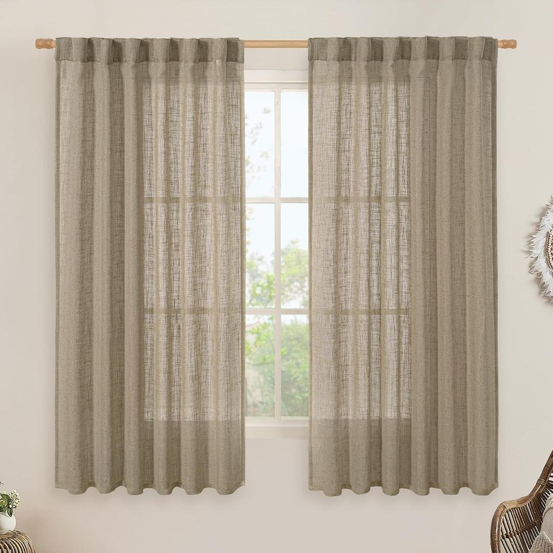 LAMIT Sheer Linen Curtains 63 Inch for Bedroom, Light Filtering Country Decor Semi Sheer Farmhouse Boho Curtains Back Tab and Rod Pocket Living Room Panels, Taupe, 2 Panels, 52 x 63 Inch