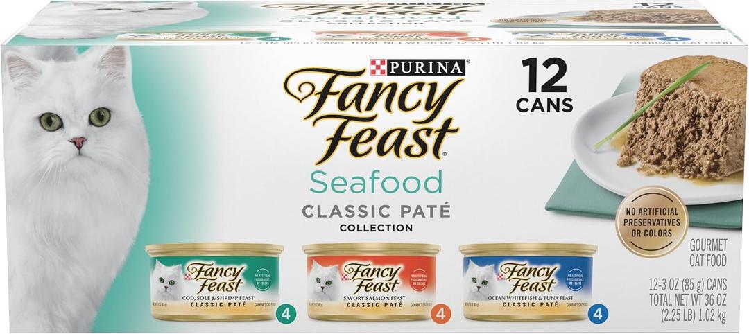 Purina Fancy Feast Seafood Classic Pate Collection Grain Free Wet Cat Food Variety Pack - (2 Packs of 12) 3 oz. Cans (EXP 03/31/28)