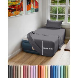 Air Mattress Sheet Set for Twin Size - 3 Piece Breathable & Cooling Sheets w/Extra Deep Pockets - Fits Inflatable & Blow Up Air Mattresses Up to 24 Inches Thick - Soft and Wrinkle Free - Dark Grey