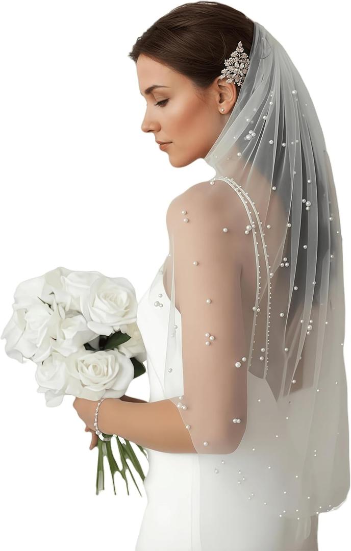 Wedding Bridal Veil, 1 Tier Soft Tulle Pearl Veils for Brides, With Metal Comb Veils for Women Wedding (White-39 Inch)