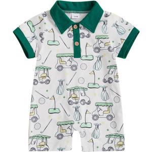 Newborn Baby Boy Golf Outfit Golf Cart Onesie Polo Shirt Romper Short Sleeve Jumpsuit Cute Infant Summer Clothes (3-6 Months, Green)