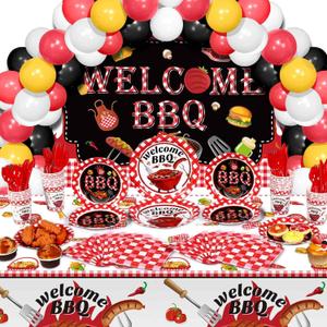 Capoda 165 Pcs Summer BBQ Party Supplies Picnic Barbecue Decorations BBQ Background Cloth with Rope Picnic Plastic Tablecloth Barbecue Tableware Set for Birthday Baby Shower Party Decor