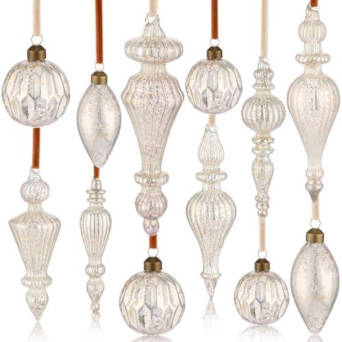 Chunful 4 Pcs Mercury Glass Finial Christmas Ornaments Vintage Large Hanging Christmas Finials Glass Drop Finial Ornaments Mercury Decor for Xmas Tree Vintage Holiday Decoration(Silver-White)