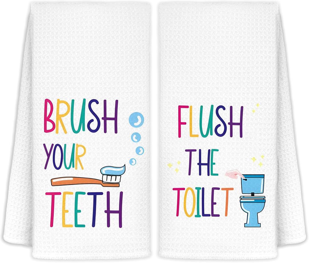 Kids Bathroom Decor, Toddler Boys Girls Kids Bathroom Accessories Hand Towels Set of 2, Brush Your Teeth Flush The Tolet Bathroom Decoretion, 16x24
