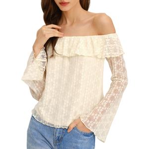 RIHOAS Off The Shoulder Tops for Women Long Sleeve Lace Trim Y2K Bell Sleeve Fall Trendy Going Out Tops (Beige, M)