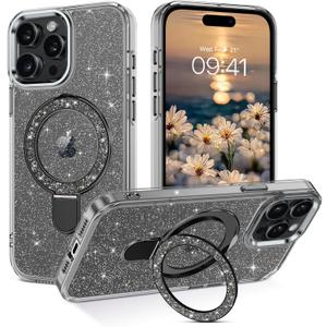DOMAVER Magnetic Case for iPhone 15 Pro Max 6.7" with Stand [Compatible with Mag Safe], Glitter Bling Translucent Slim Back Shockproof Protective Soft Cover with Bling Kickstand for Women Girls- Black