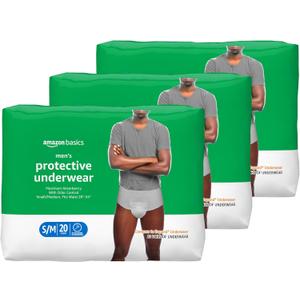 Amazon Basics Incontinence Underwear for Men, Maximum Absorbency, Small/Medium, 60 Count (3 Packs of 20)