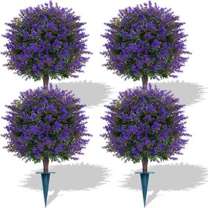 Grooy 4 Pack Artificial Lavender Topiary Balls with Ground Spikes