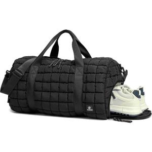 FODOKO Quilted Duffel Bag for Women, Puffer Gym Duffle with Shoe Compartment, Lightweight Large Crossbody Sport Bag Travel Tote, Black