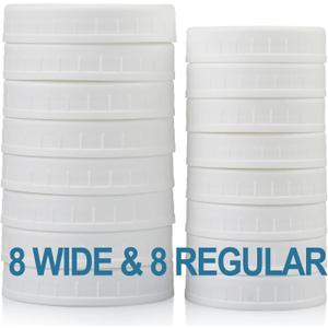 AOZITA 16-Pack Plastic Mason Jar Lids - 8 Regular Mouth and 8 Wide Mouth Jar Lids - Plastic Storage Caps for Ball, Kerr Canning Mason Jars - 100% Sealing & Dishwasher Safe & Food Grade
