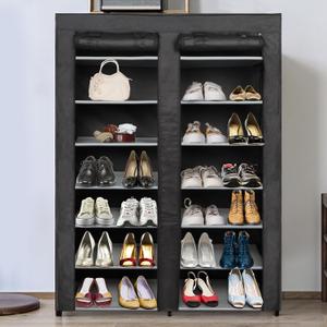 Blissun Shoe Rack Storage Organizer, 28 Pairs Portable Double Row Shoe Rack Shelf Cabinet Tower for Closet with Nonwoven Fabric Cover, Black