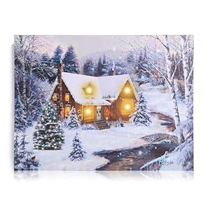 NIKKY HOME Christmas Canvas Wall Art 16" x 12" - Lighted Up Snowy Scene Print LED Xmas Wall Art Prints for Holiday Decor