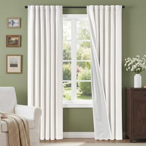 100% Blackout Curtains for Bedroom Linen Textured Insulated Thermal Drapes with Liner White Black Out Curtains 84 Inch Long 2 Panels Back Tab Noise Reducing Drapes Ready to Hang for Living Room Office