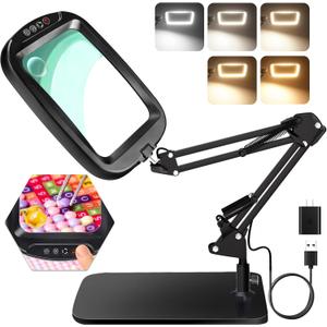 10X 30X Extra Large Magnifying Glass with Light and Stand,7-inch Lighted Magnifier,5 Color Modes Stepless Dimmable,Rectangle Hands-Free Magnifying Glass Desk Lamp for Reading Craft Hobby Close Work LB