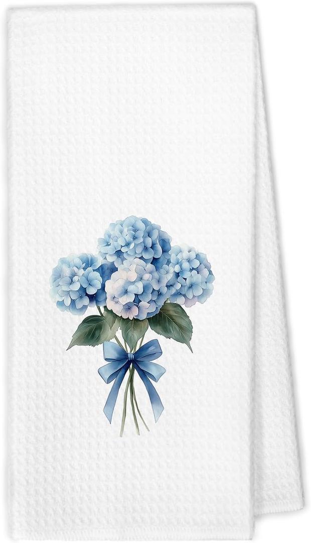 Light Blue Hydrangea Floral Kitchen Towels, Blue Hydrangea Decor, Summer Hydrangea Bow Flower Dish Hand Tea Towels, Preppy Bouquet Decorative Towel for Bathroom Kitchen Decor, 16x24 Inch