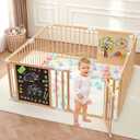 All-in-one Wood Baby Playpen with Door, Adjustable Wooden Play Fence with Magnetic Dual-Sided Chalkboard, Whiteboard & Montessori Activity Toys, Expandable Activity Center Safe Playard for Babies 3M+ (8 Panels- 64*64*26 in)