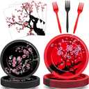 96Pcs Hibachi Party Decorations Chinese Japanese Cherry Blossom Tableware Sets Cherry Flowers Party Plates and Napkins for Hibachi New Year Spring Festival Wedding Supplies for 24 Guests