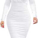 BEAGIMEG Women's Sexy Bodycon Long Sleeve Ruched Deep V Neck Solid Party Club Midi Dress (XX-Large, White)