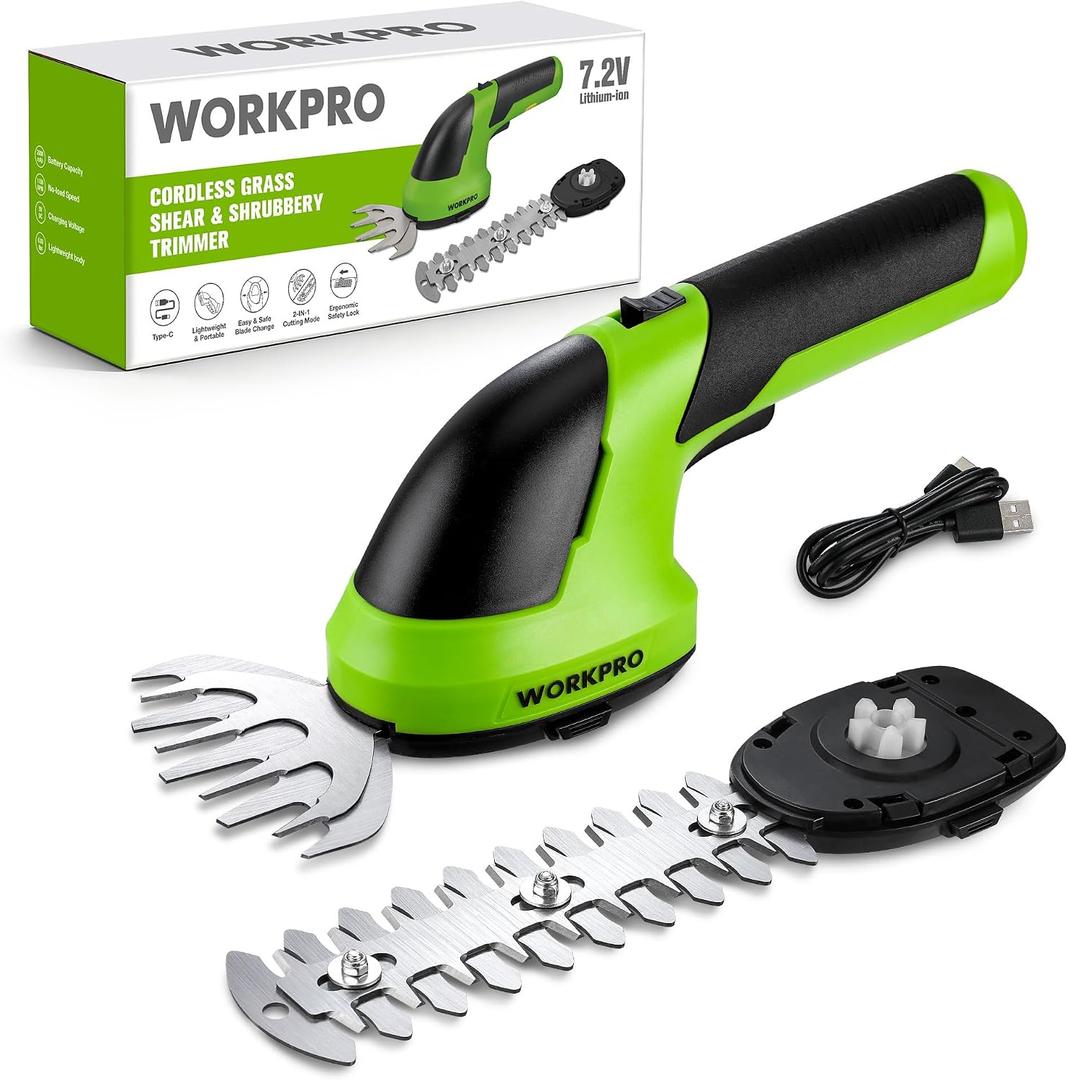 WORKPRO Cordless Grass Shear & Shrubbery Trimmer - 2 in 1 Handheld 7.2V Electric Grass Trimmer Hedge Shears/Grass Cutter Rechargeable Lithium-Ion Battery and Type-C Cable Included