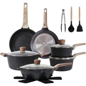 Pots and Pans Set Non Stick, 17Pcs Kitchen Cookware Sets, Granite Stone Induction Cookware Non Stick Cooking Set w/Frying Pans, Saucepans, Sauté Pan (PFOA Free), Black