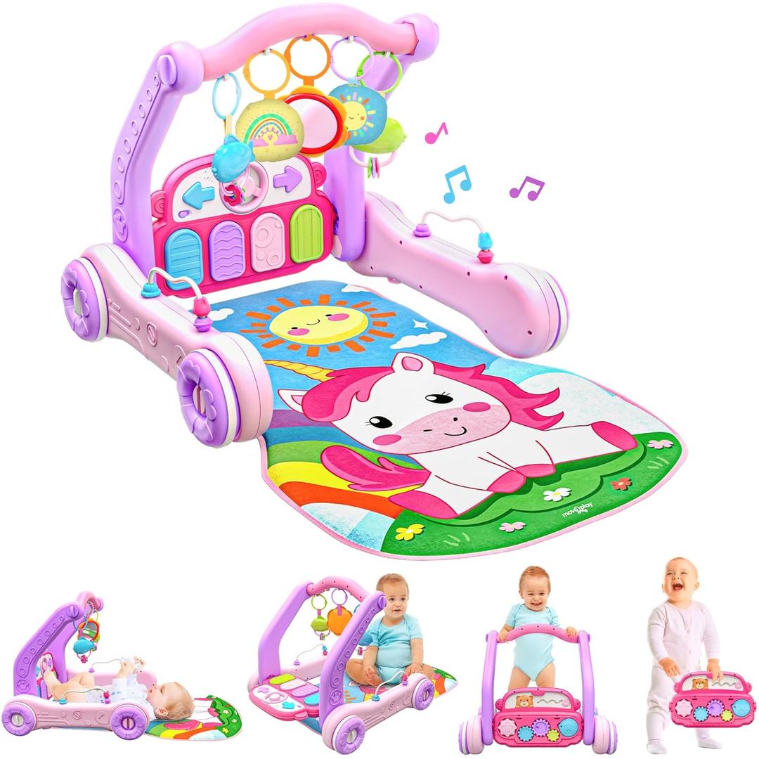 Move2Play, 4-in-1 Baby Play Mat & Activity Center Gym | Walker | Infant Toy for Tummy Time | Birthday Gift for 3, 4, 5, 6, 7, 8, 9, 10, 12 + Month Old Boys & Girls (Pink) (Unicorn)