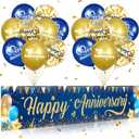 Happy Anniversary Banner Decorations Navy Blue Gold Happy Anniversary Yard Banner Sign with 18pcs Happy Anniversary Balloons Confetti Set for Men Women Wedding Party Supplies Decor