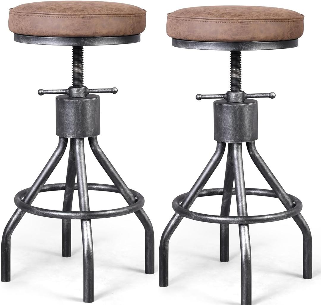 Industrial Bar Stools Swivel Pu Seat Vintage Kitchen Island Counter Stool 23-33inch Height Adjustable Rustic Shop Chair (Set of 2) (Silver)